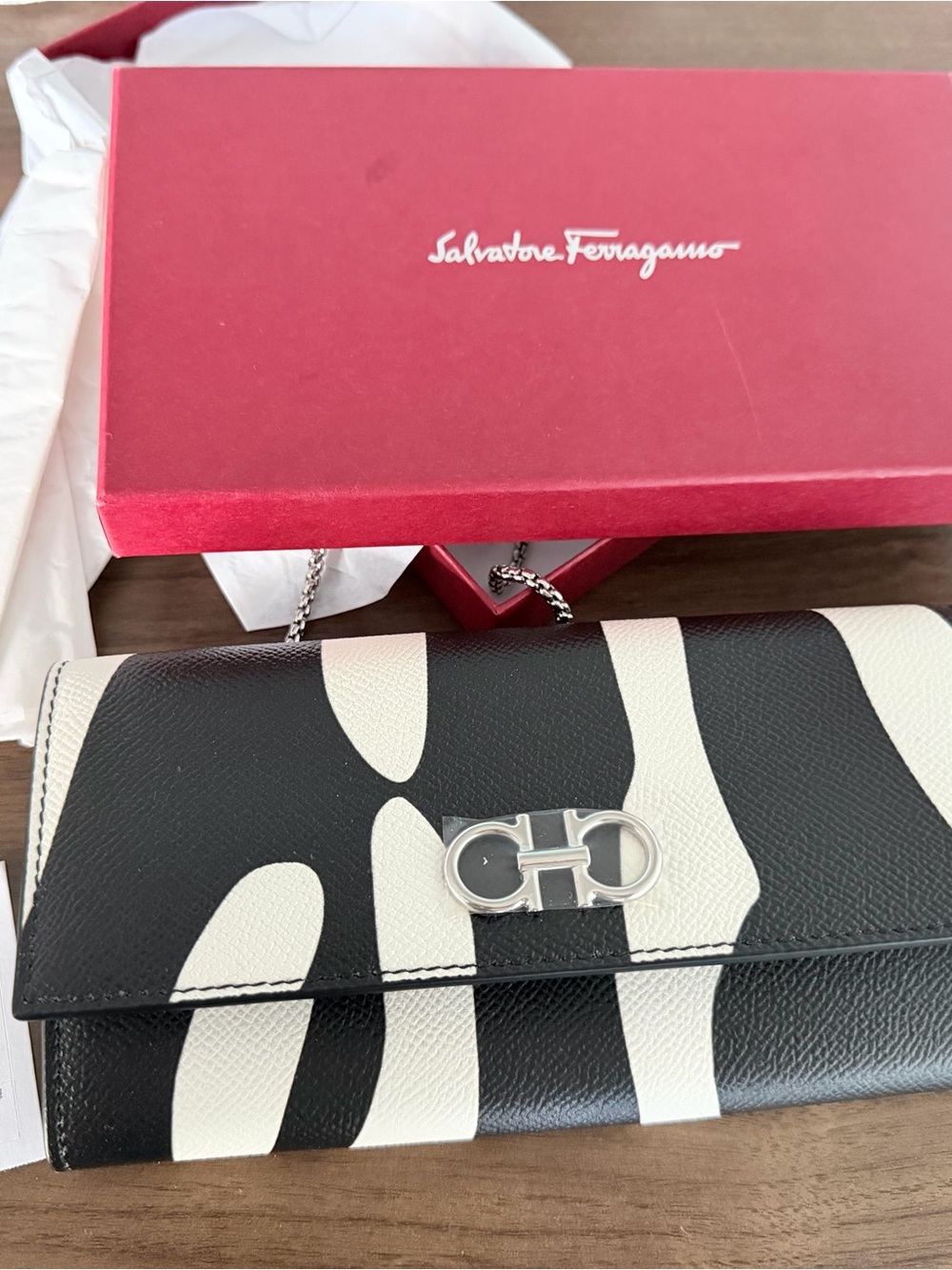 Salvatore Ferragamo Black & White Zebra-Pattern Leather Wallet with Silver Logo